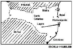 1- (UFPE) Utilizando o mapa, calcule a distância real, em linha reta, entre as cidades de Florianópolis e Lajes, sabendo que a distância gráfica é de 2 cm: Assinale as afirmações verdadeiras e as