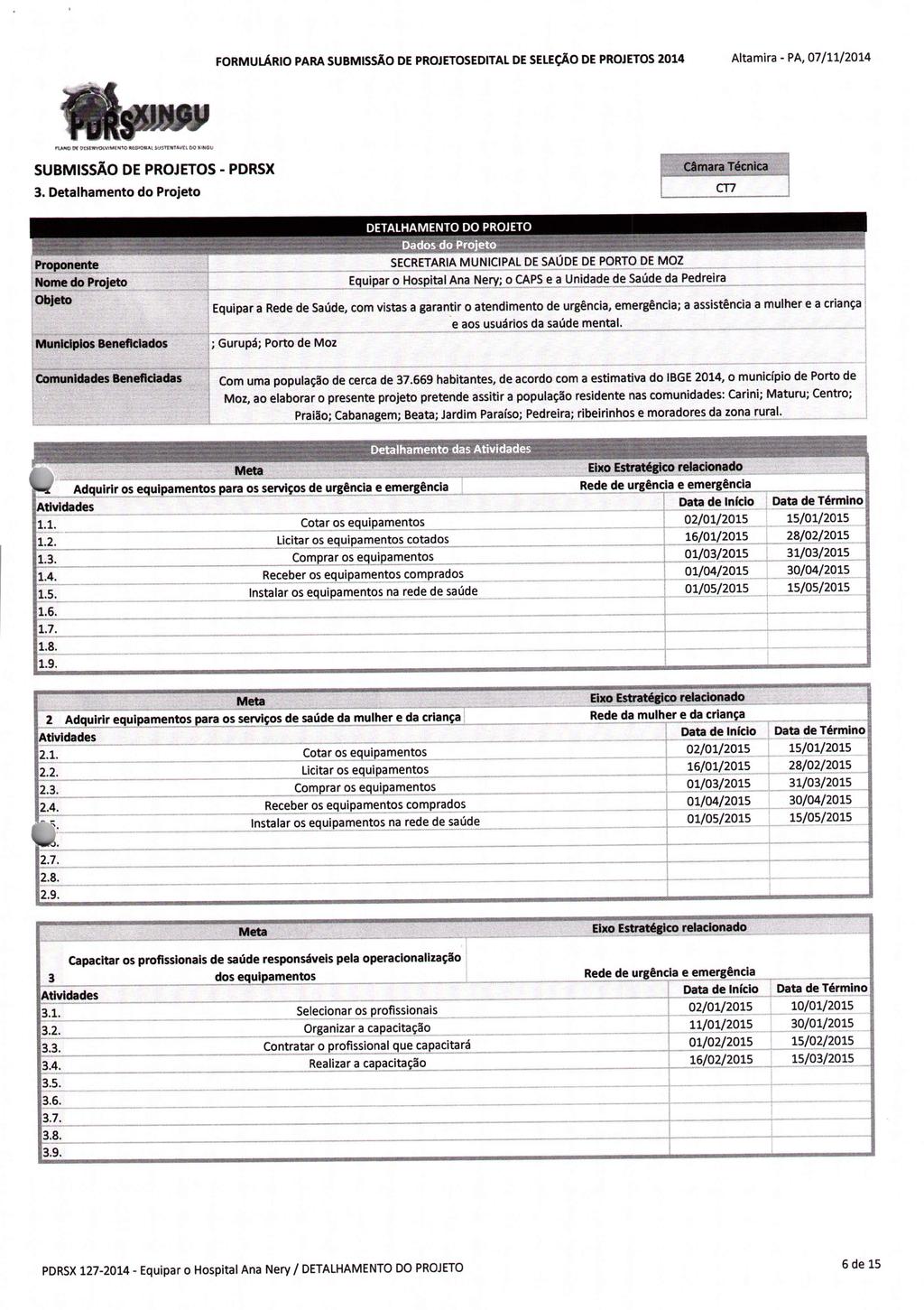 FORMULÁRIO PARA SUBMISSÃO DE PROJETOSEDITALDE SELEÇÃODE PROJETOS2014 Altamira - PA, 07/11/2014 SUBMISSÃO DE PROJETOS - PDRSX 3.
