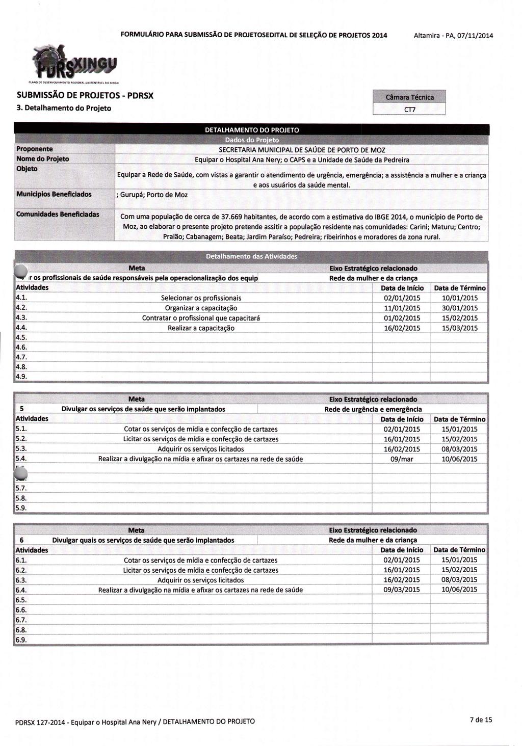 FORMULÁRIO PARA SUBMISSÃO DE PROJETOSEDITAL DE SELEÇÃO DE PROJETOS 2014 Altamira - PA, 07/11/2014 SUBMISSÃO 3. Detalhamento do Projeto DE PROJETOS - PDRSX mental.
