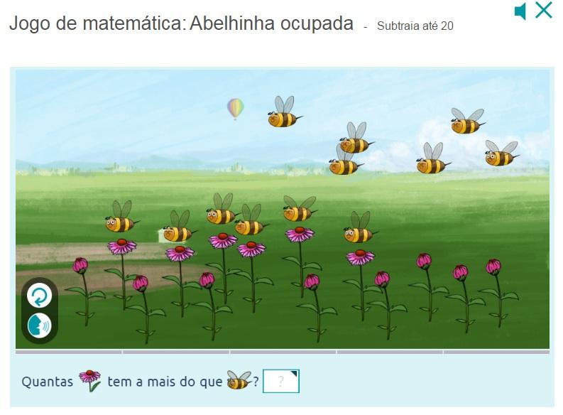 5 A cena apresenta alguns botões de flores e algumas abelhas sobre eles. Leia a questão. Você pode também pode ouvir o áudio. P e rgunt e : Quantas são as abelhas a mais do que as flores?