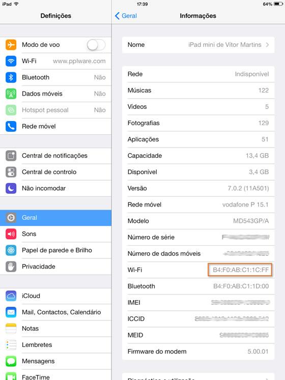 No iphone ou ipad poderá ver o mac address em Geral