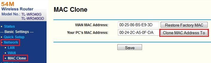 Dentro delas, clique sobre as opções: Network > MAC Clone. 4.2.10. Na tela seguinte, clique no botão "Clone MAC Address".