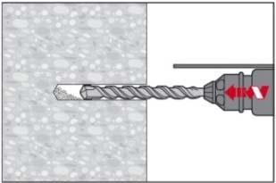 b) Perfuração com martelete: Para concreto seco ou molhado e instalação em furos saturados Perfure a profundidade de embutimento necessário com um martele configurado no modo de martelo de rotação