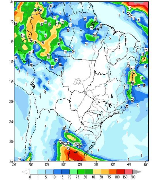 Figura 1 - Precipitação acumulada prevista pelo modelo ETA (CPTEC/INPE) para o período de 02/09 a 08/09/2017 Nas bacias dos rios Paranapanema, Grande, Paranaíba e Iguaçu, e parte das bacias dos rios