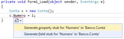 c.numero = 1; Ao adicionarmos essa linha, teremos novamente um erro de compilação, pois a conta ainda não possui a propriedade Numero.
