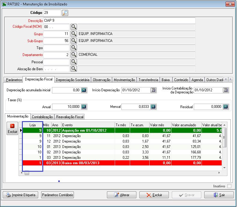 Pat102 Cadastro de Imobilizado Depreciação INCLUSÃO DOS CAMPOS LOJA, VALOR ACUMULADO E EVENTO DE MOVIMENTAÇÃO Na aba CIAP foram adicionados os campos: Loja apresenta em qual empresa ocorreu a