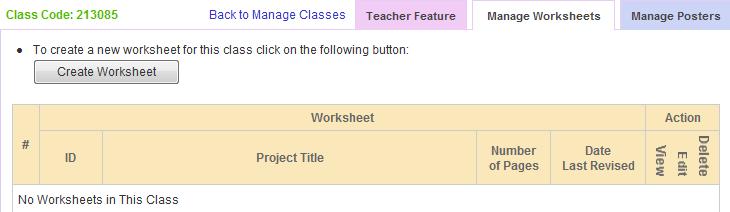 5. Clicando no botão MANAGE, aparecerá uma grelha como a da figura 5. Em CREATE WORKSHEET, o professor pode CRIAR NOVO TRABALHO para o aluno. Figura 5. Grelha para introduzir trabalhos 6.