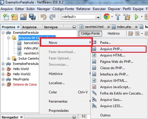 2º Passo: No NetBeans crie um novo arquivo PHP