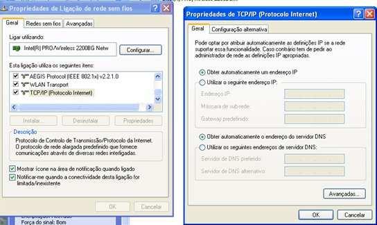 Confirme que as características da ligação estão de forma a obter um endereço IP de forma automática (por DHCP),