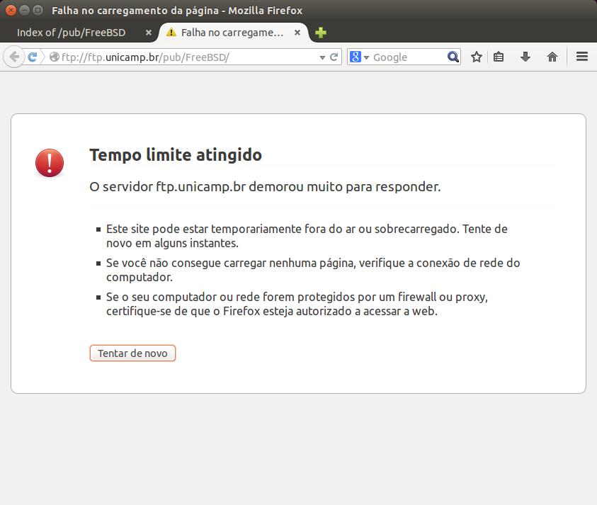 3 Agora tente acessar usando o protocolo FTP (porta 21). Acesse o endereço: ftp://ftp.unicamp.br/pub/freebsd.