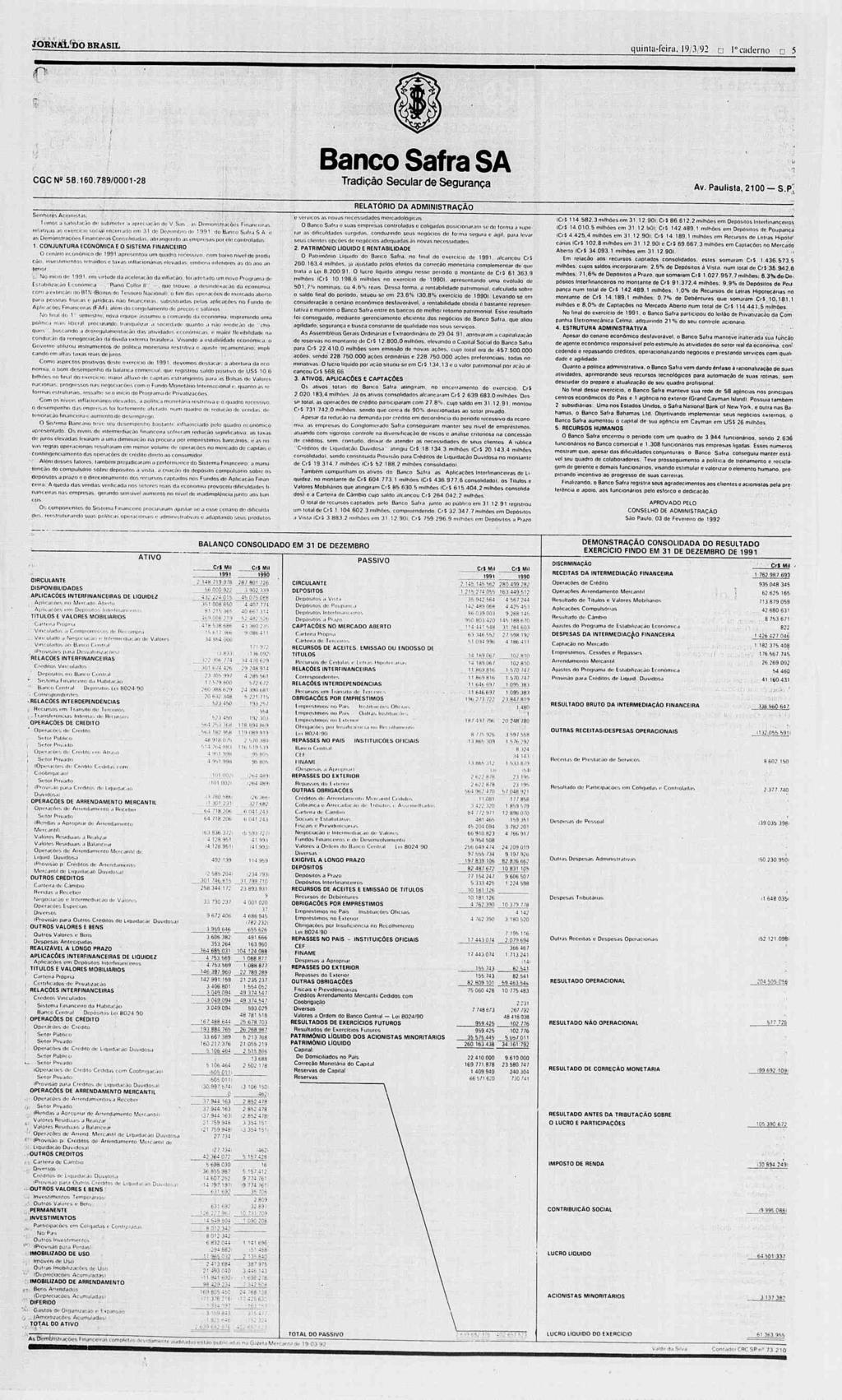 jornáí/do brasil quinta-feira. 19 3 l)2? o caderno? 5 o CGCN» 58.160.789/0001-28 Senhores Acionistas, Tfiios n srtlisf.it5o du submeter.1 àptoci.icao tio v.sas.. as Di>moiv.tta(.