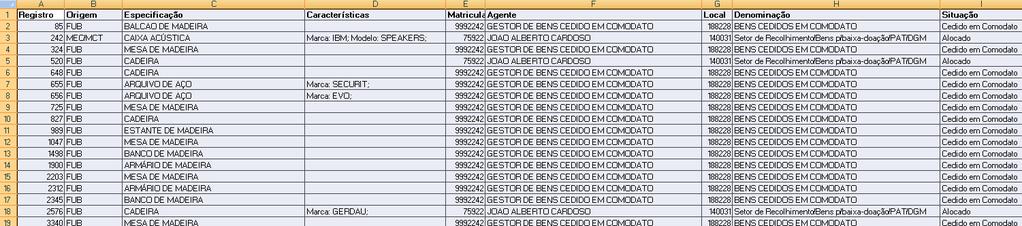 patrimônio, especificação, características, matrícula e nome do agente patrimonial, o local ( código e descrição)