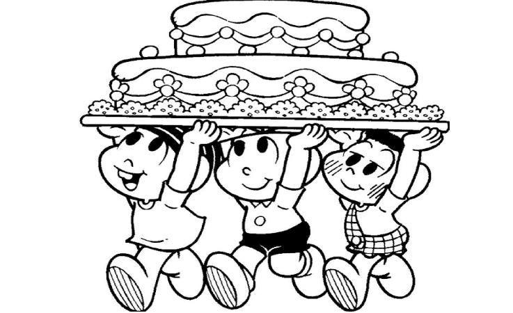 Semana 1 Minha idade Mônica, Cebolinha e Cascão estão carregando um bolo de aniversário