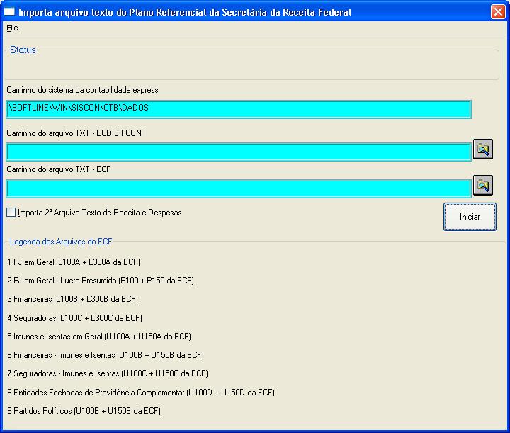 IMPORTAÇÃO DO PLANO REFERENCIAL (CADASTROS>ESPECÍFICOS>PLANO DE CONTAS) - O CAMINHO PARA ACESSO AOS PLANOS REFERENCIAIS CONFORME A RECEITA LIBEROU É: C:\Arquivos de Programas RFB\Programas