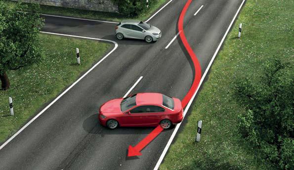 Quando o ESP detecta um efeito de subviragem ao efectuar uma curva, ou seja, o veículo continua uma trajectória recta no seu eixo dianteiro apesar de as rodas se encontrarem viradas, o sistema reduz