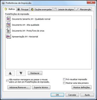 2. Coloque o cursor sobre uma opção de predefinições de impressão para visualizar sua lista de definições. 3.