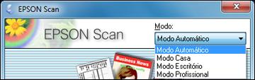 Como selecionar o modo de digitalização Selecione o modo do EPSON Scan que deseja usar na caixa Modo, no canto superior direito da janela do EPSON Scan: Tema principal: Como selecionar as
