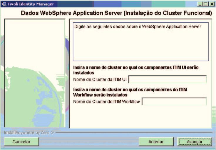 Figura 28. Janela WebSphere Application Serer Data (Regular Cluster Install) Ou então, a janela solicitará ários nomes de cluster se o tipo de instalação for cluster funcional. Figura 29.