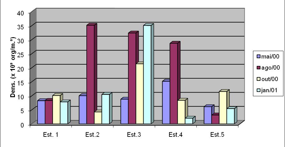 Fig.ura 5.3-6: Variação da densidade zooplanctônica total no estuário do Rio Anil (São Luís, MA)- Maio/00 a Janeiro/01.