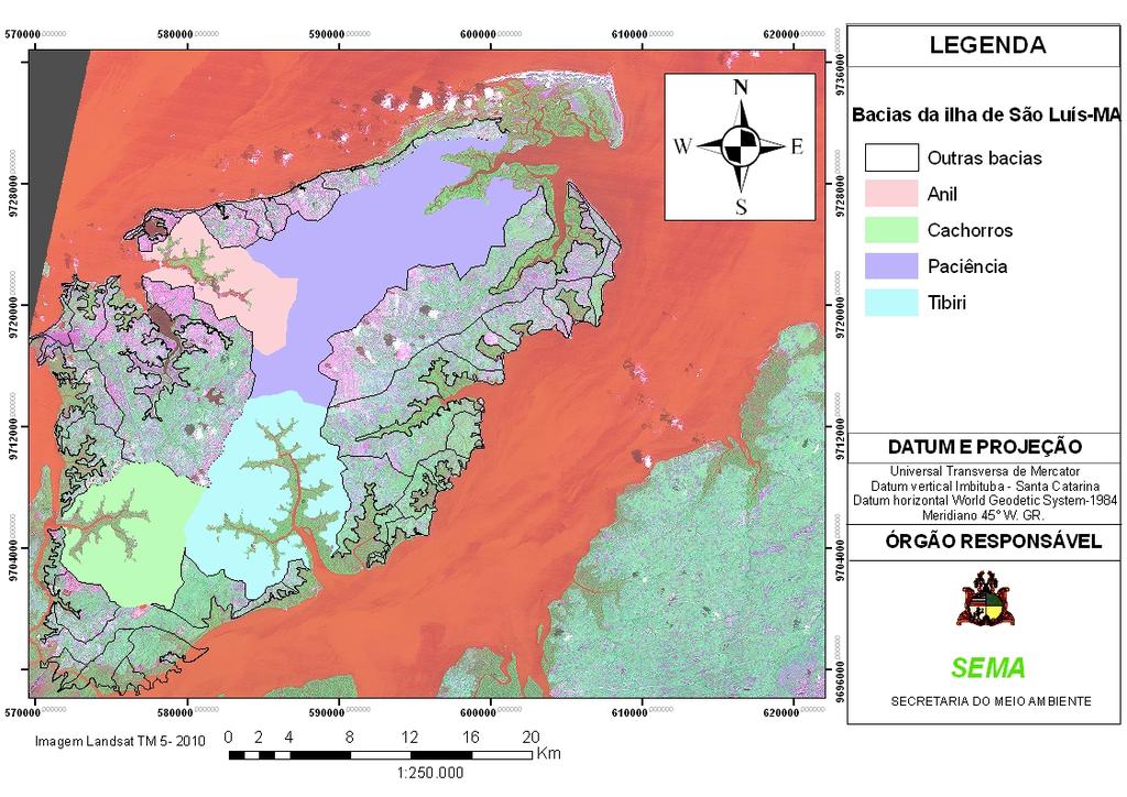 Figura 3-1: Bacias Hidrográficas contempladas para elaboração da primeira etapa do Gerenciamento Costeiro do Maranhão (GERCO MA). 3.1. Caracterização das áreas estudadas A ilha do Maranhão está situado no estado do Maranhão, no arquipélago de ilhas do Golfão Maranhense com mais de 1000 km².