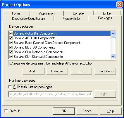 Figura 30: A opção Build with runtime packages deve ser desabilitada para evitar a necessidade de distribuição de arquivos de biblioteca quando o programa for executado em outras máquinas.