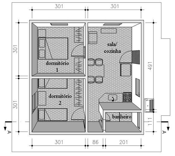 Figura 1 Projeto arquitetônico da habitação considerada nas simulações, sem escala Quadro 2 Propriedades térmicas dos materiais utilizados nas simulações (ABNT, 2005).