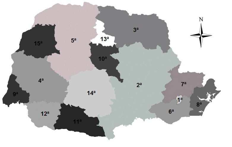 Figura 1 Divisão do Estado do Paraná em COREDECs Fonte: Defesa Civil do Paraná (2012), adaptado pelos autores (2012) Resultados e discussão Na Figura 2 é apresentada a distribuição do número de