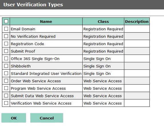 Figura 11: Tipos de Verificação de Usuário 4. Clique na caixa ao lado do Logon único Office 365 e clique em OK. O método de verificação selecionado é adicionado à sua webstore em status de Teste.