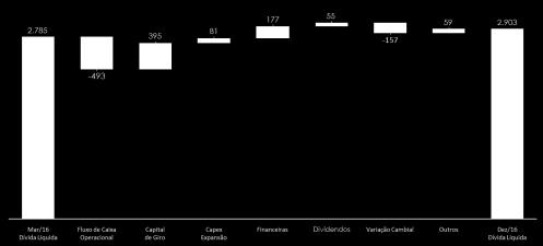 ENDIVIDAMENTO ENDIVIDAMENTO dez/16 mar/16 Var.% Em Milhares de R$ PESA 41.245 51.757-20,3% Crédito Rural 430.299 147.229 192,3% BNDES / FINAME 700.813 734.472-4,6% Capital de Giro 794.097 990.
