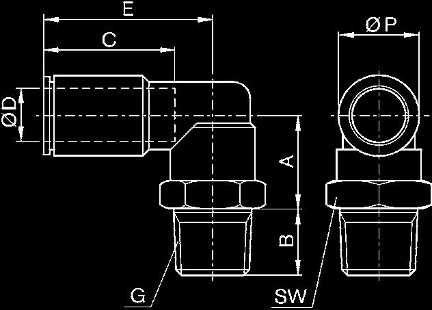 16 Técnic de conexões pneumátics Uniões com conexão de encixe união ngulr, cônic rosc extern R 1/8 - R 1/2 de encixe Ø 4 - Ø 12 QR2-C-RVT Mteriis: Vedção Arruel dentd Anel de frouxmento Rosc Borrch