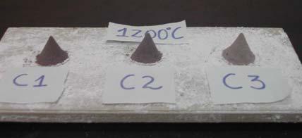 As composições C1 e C2 à 1200ºC, apresentaram cor marrom, com superfície áspera e média porosidade. Entretanto, a composição C3 apresentou cor cinza, superfície áspera e alta porosidade.