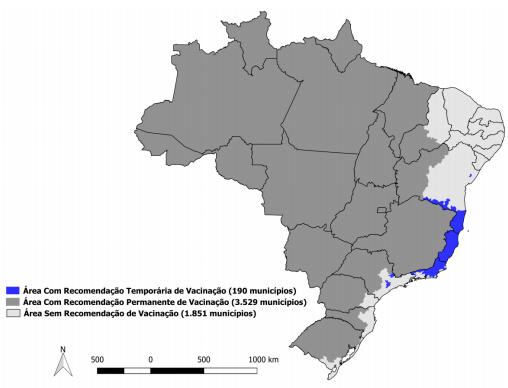 e Rio de Janeiro, foram definidas novas áreas de vacinação chamadas de áreas de recomendação temporária, dividindo o país em áreas com recomendação da vacina, com recomendação temporária e sem esta