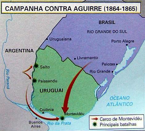 1864: Guerra contra Aguirre (URUGUAI Blanco) BRASIL invade o URUGUAI, depõe