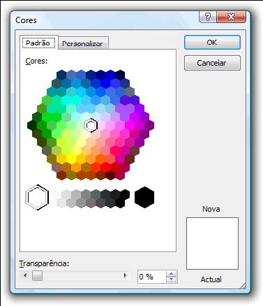 Preenchimento com Gradação de Cores Cores predefinidas; Tipo, Direção; Ângulo; Posição da marca de gradação Definir a percentagem de