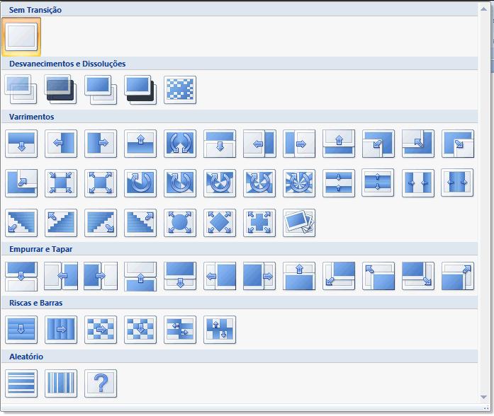 Efeitos Alguns dos efeitos possíveis a aplicar: Transições entre Diapositivos Este tipo de efeitos irá