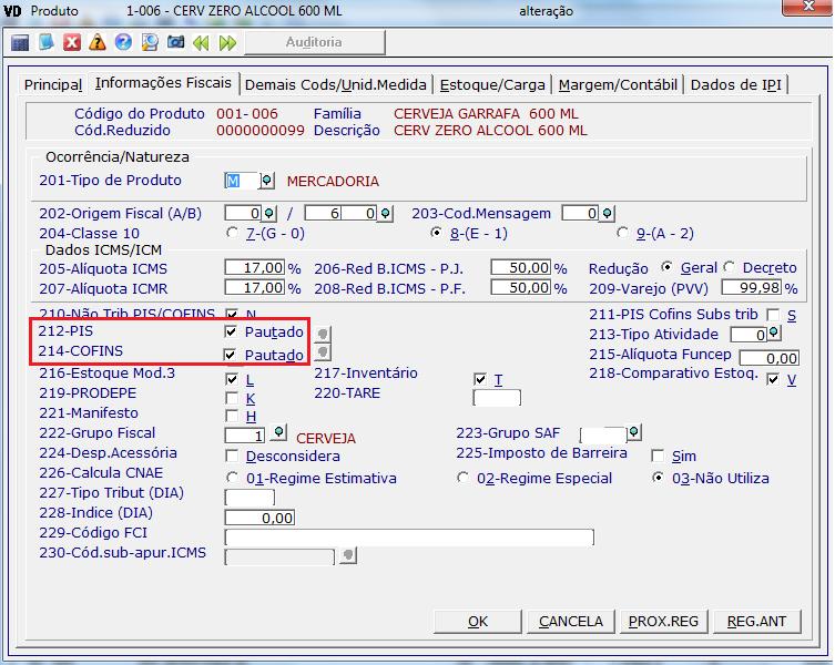 2.3 Configurar Produtos No cadastro do produto é necessário revisar ou configurar cada item informando se o mesmo vai utilizar o PIS