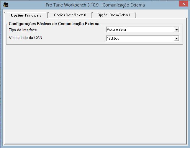 7) No software Pro Tune Workbench, pressionar no canto superior esquerdo sobre a opção Configurações da ECU e então ir em Comunicação Externa (Imagem 4.16).