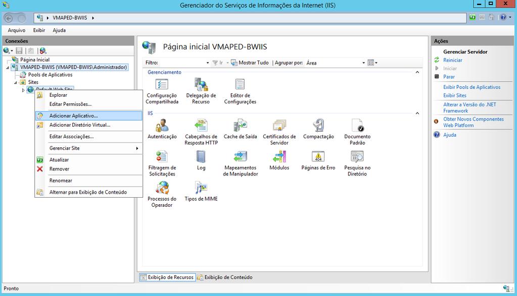 isso expanda a estrutura, selecione a opção Default Web Site, clique com o botão direito do mouse e selecione a opção Adicionar Aplicativo... Figura 7-3.