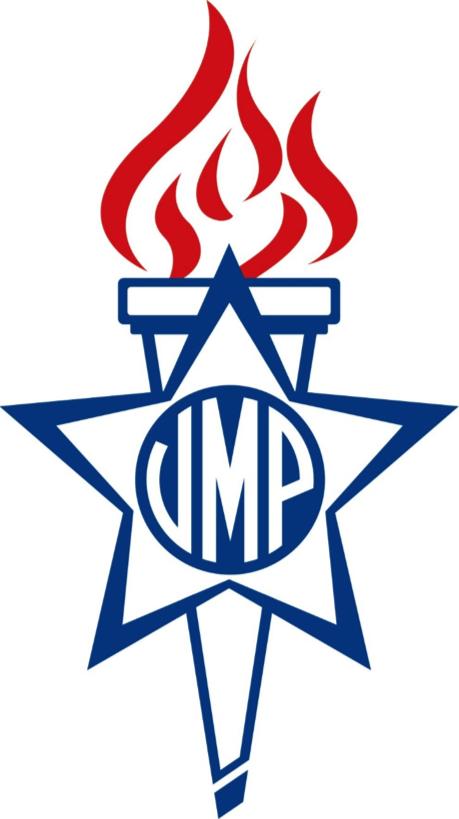GTSI - UMP Dedicados no Amor e Unidos no Trabalho. Ao centro do semicírculo haverá o emblema com a tocha olímpica em vermelho e o corpo em azul-escuro.