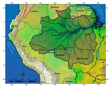 BACIA AMAZÔNICA Maior bacia do mundo. Envolve Peru, Colômbia, Equador, Venezuela, Guianas, Bolívia e Brasil.
