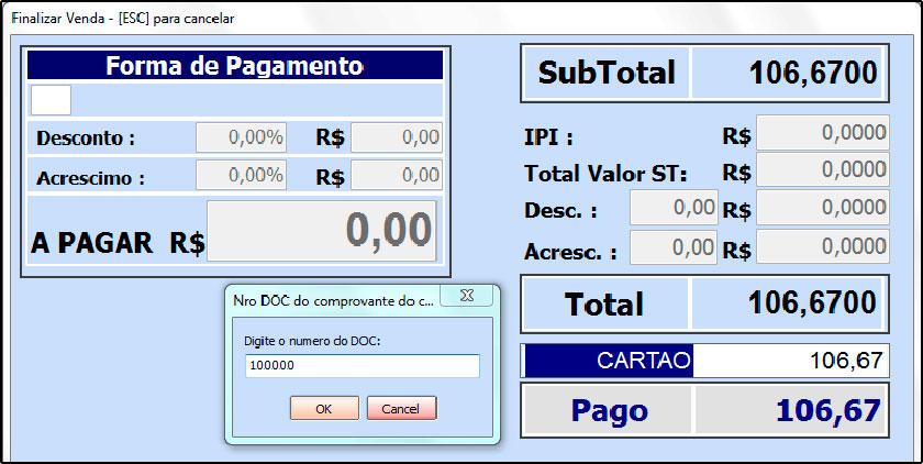 importante que o número do DOC seja inserido em todas as vendas finalizadas em cartão, pois sem ele não será possível fazer a