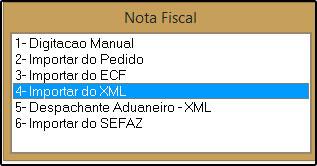 sistema abrirá a tela abaixo: Clique na opção 4- Importar do XML e o sistema irá abrir a seguinte tela: Arquivo XML: Neste campo insira o XML da Nota Fiscal a ser importada; Tipo de Pedido: Informe o