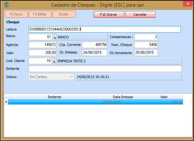 Clique em F2 Novo para preencher as seguintes informações: Leitura: Informe a leitura do cheque recebido; Banco: Informe qual o banco o cheque que está sendo recebido; Compensação: Insira a