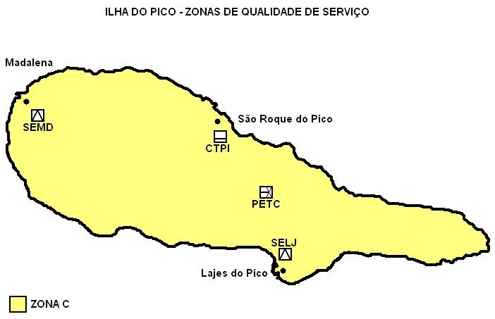 VI.6.2 Zonas de Qualidade de Serviço Em termos das zonas de qualidade de serviço, a figura que se segue ilustra para a Ilha do Pico a classificação dos locais