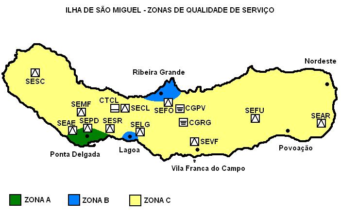 II.6.2 Zonas de Qualidade de Serviço A figura seguinte ilustra para a Ilha de São Miguel a classificação dos locais por zona de qualidade de