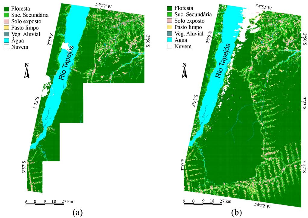 Nas Figuras 6a e b, são apresentados os mapas de cobertura vegetal da região da FNT, através do processamento individual das imagens Landsat de 1999 e 2001, respectivamente.