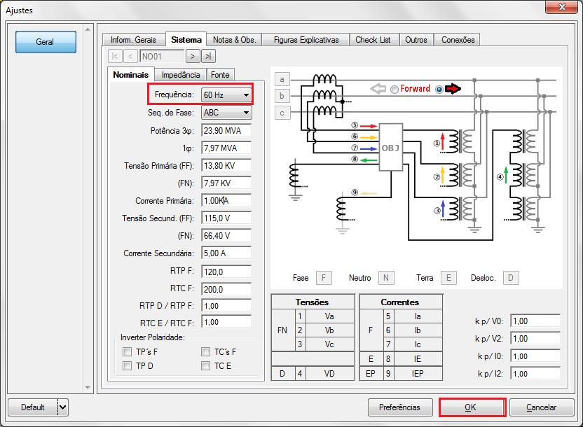 3.3 Sistema INSTRUMENTOS PARA TESTES ELÉTRICOS Na tela a seguir dentro da sub aba Nominais são configurados os valores de frequência, sequencia de fase, tensões primárias e secundárias, correntes