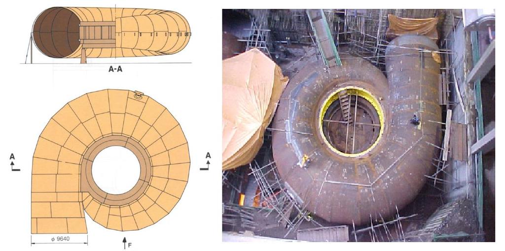 Características Construtivas Caixa Espiral: É uma tubulação com formato toroidal que envolve a região da roda, fabricada com chapas de aço carbono soldadas em segmentos.