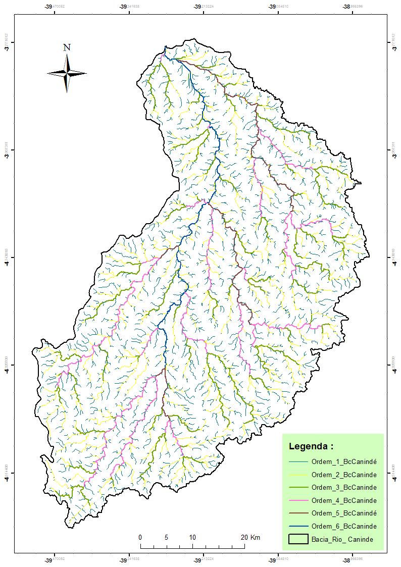 RESULTADOS E DISCUSSÕES Atributos Morfométricos Hierarquia Bacia do Rio Canindé classificada como de ordem 6, que tem início a partir de seu encontro com Rio Juriti, nas cercanias da sede municipal
