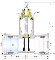 VÁLVULA DE GAVETA COM BOLSAS COM CUNHA DE BORRACHA PARA TUBOS DE FERRO DÚCTIL - EURO 25 DN 80 A 300 Extremidade com bolsa para tubos de ferro dúctil e PVC DEFoFo.